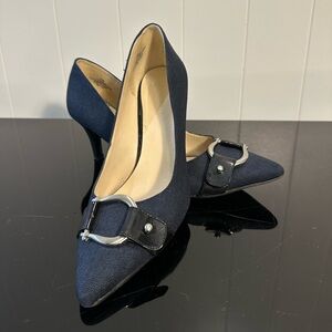 Nine West Elmora Heels Navy Denim Black Silver Accent Size 7.5